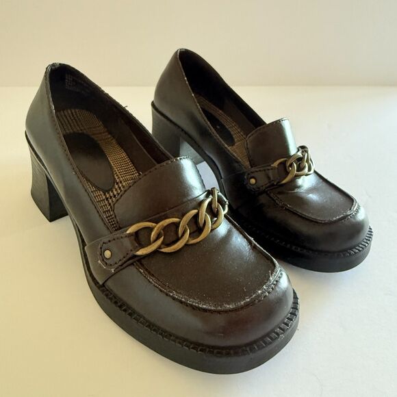 VTG Y2K SO Camryn Brown Faux Leather Chain Chunky Heel Shoes Sz 6 (Cracking) - Picture 1 of 7